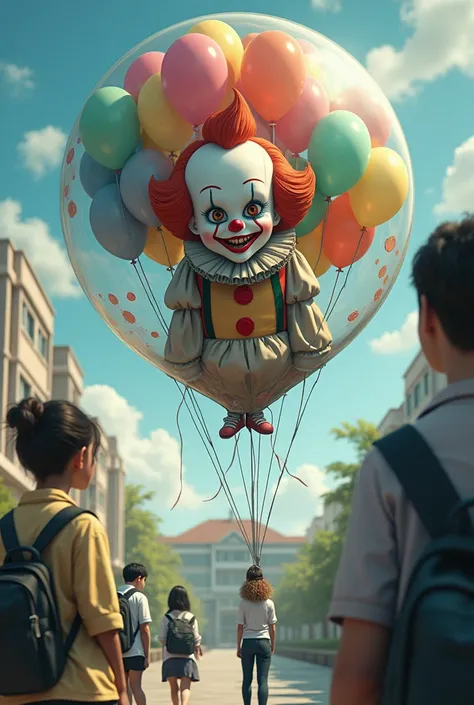 A clown inside a balloon at a school with ren crying 