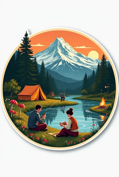 I want to create a circular ukiyo-e style sticker where a couple is far away by a river (The man fishing and the woman crochet ).  In the background you can see a Swiss mountain and a camping space with a tent and a bonfire .  There are mushrooms on the gr...