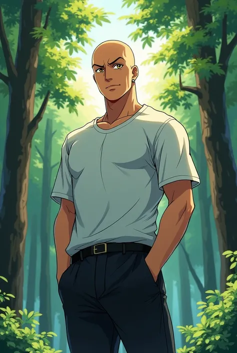  energy a 39 year old strong bald man , with sportswear white shirt and black pants, wood-colored eyes ,  surrounded by ki , found in a forest towards the city y el amanecer al fondo.  anime-like drawing Masakatsu Katsura  