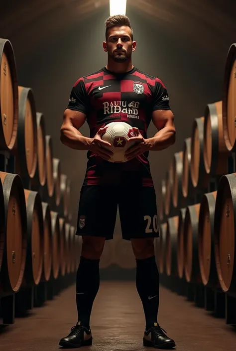 Un joueur de football avec un maillot à carreaux de couleur noir et bordeaux.
Paul Ricard FC le sponsor.
Il est dans une cave a vin 