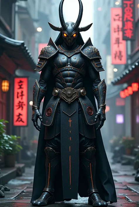 An alien warrior in armor half samurai half medieval cyberpunk knight 