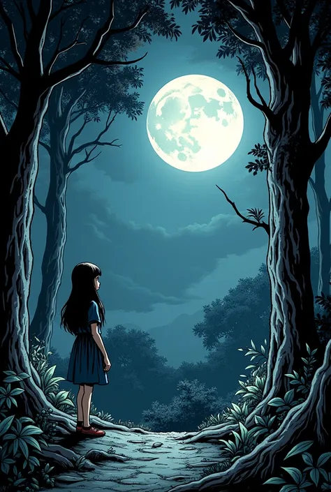 A comic book page with a girl looking at the moon in the middle of a forest
Comic style, black and white