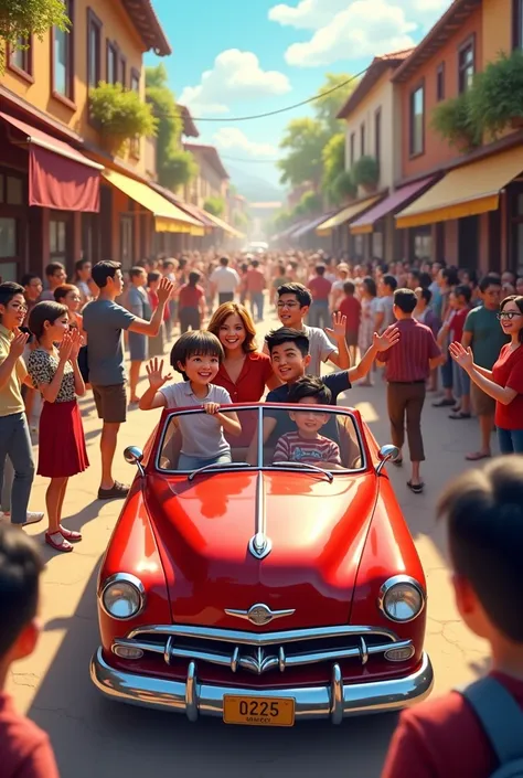 Create an image of a red car arriving in a town ,  those who are driving are getting out of the car and a lot of friendly people are approaching 