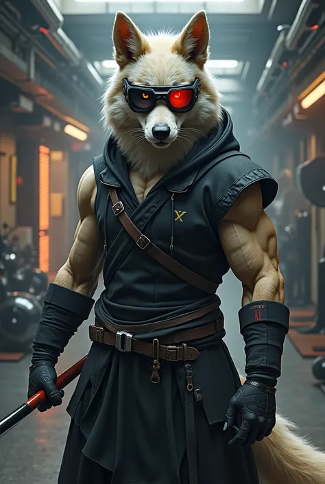 Furry,eyes,dog,muscular, sibernetic glasses,retractable stick ,gym,ninja