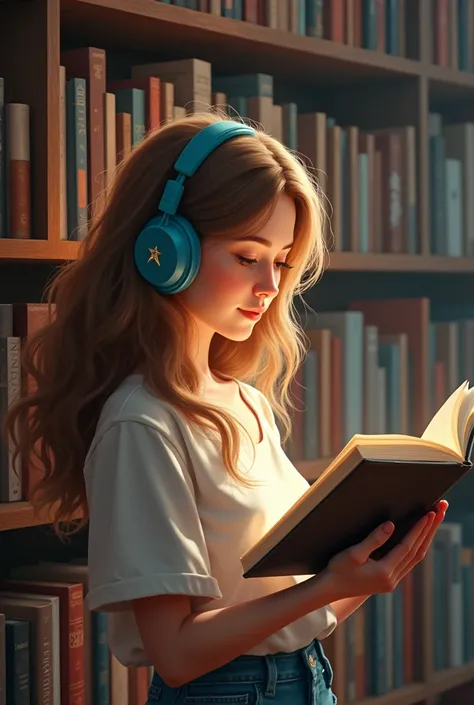 A 25-year-old adult girl 
With light brown hair loose long wavy blue headphones he holds an open book in his hands standing in front of a bookcase full of books 