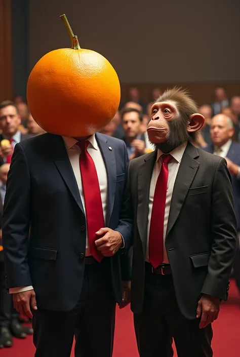  Make an image of Donald Trump dressed as president of the republic with his head being a huge orange and next to him Elon Musk being a monkey and dressed as Trumps first lady, in front of an audience of fat people eating fast food 