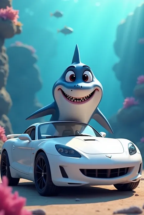  a female shark in the shape of Pixar, smiling, next to a white car 
