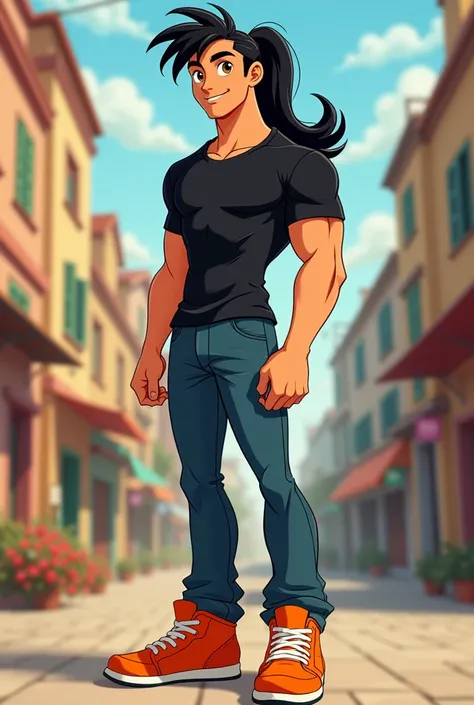  a muscular young man of about 15- with fair skin ,  with a black shirt and denim pants of the same color , Some orange sports boots with white laces , and he had long black hair tied in a ponytail that reached his shoulders with an orange tuft coming out ...