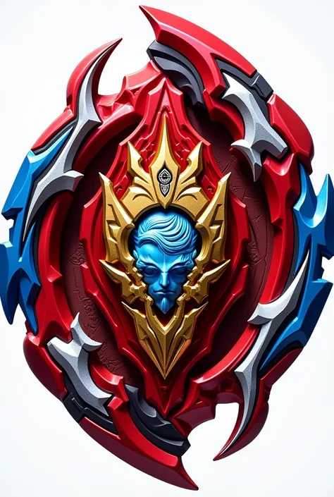 Create a Beyblade with a turbo system, red in color, With blue, gold and silver, In the center would be the profile face of Ares the god of war ,  will have 2 swords on the sides and 2 shields on the top and bottom