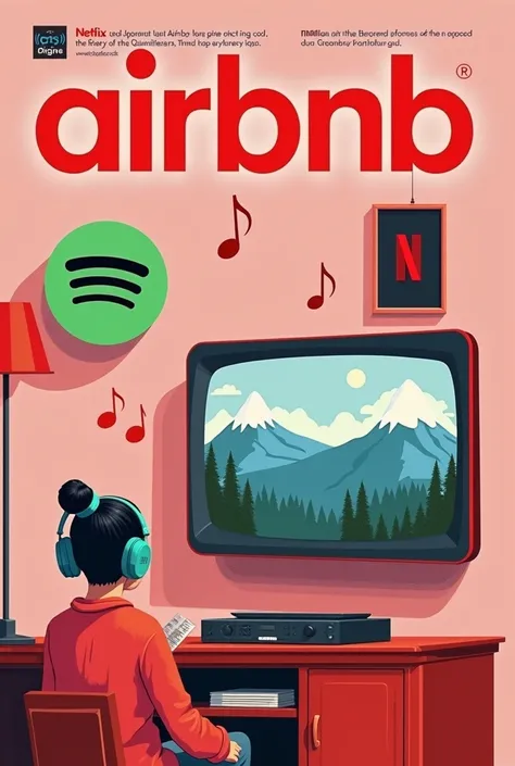 The cover of a different and simpler magazine about Airbnb that is on Spotify, Netflix and Airbnb that has headphones, musical notes, the illusion of someone watching television and something about a trip to get excited about the themes of the work