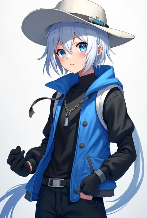  Create an image of an anime-style 18-year-old teenager with white hair and blue eyes, with black shirt ,  blue vest with white hat , black canvas pants ,  black gloves and black gloves 