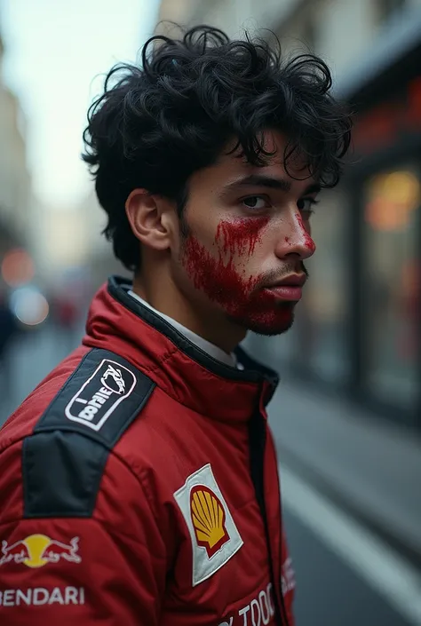  A 22-year-old man ,  in a racing driver suit .
From the back but who turns back three quarters.
Black hair , dark skin, Dark brown eyes
With a lot of blood on the botom of his face, on his lips and cheeks 1nd on his nose. Like a mask but with blood