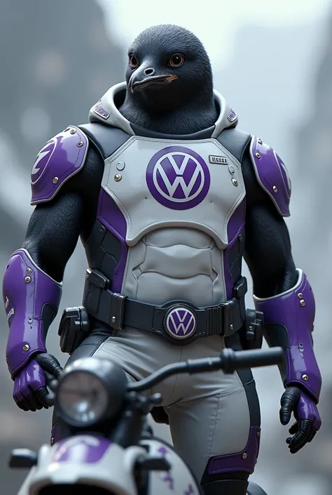  White and purple military penguin with muscular body, Driving
with Volkswagen logo on the chest 
