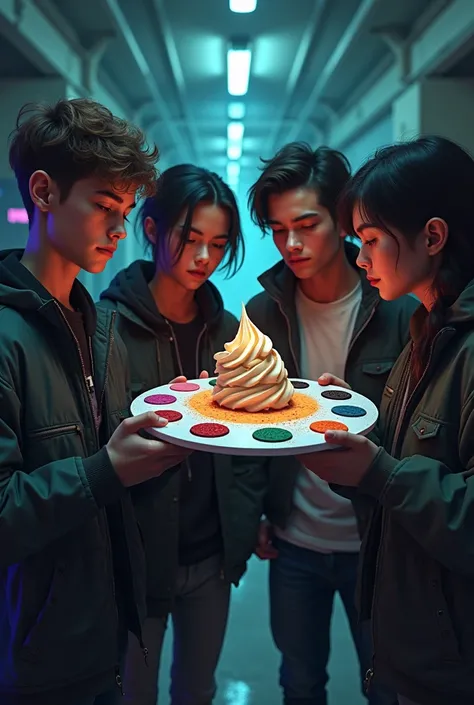 hello, Can it be an image that says back,  dark squad and that has 4 young people who are providing a palette taken from a base and that a palette is held and that it can be seen that the ice is made of oreo and condensed milk on top 