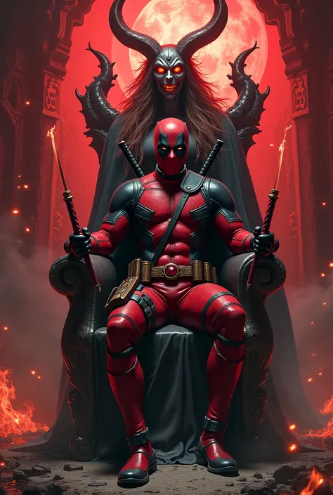 Deadpool et la queen démoniaque rois de enfer sur le trone 
