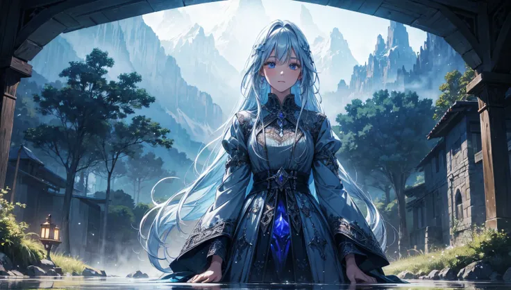 A stunningly beautiful girl standing by a crystal-clear lake reflecting a mystical village under a twilight sky. The village is surrounded by towering mountains and dense enchanted forests. The girl wears a detailed Celtic-inspired dress, with glowing magi...