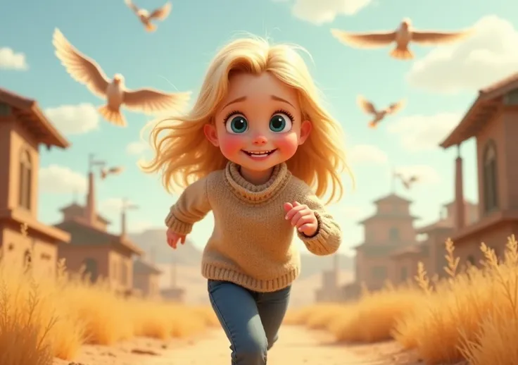   Create a Pixar-style image of a little blonde girl ,  big blue eyes ,  round face. long hair. Shes a   .  She wears slim blue jeans and a beige wool sweater.  She is running in a western. Some birds surround her .  She is very happy and smiling .