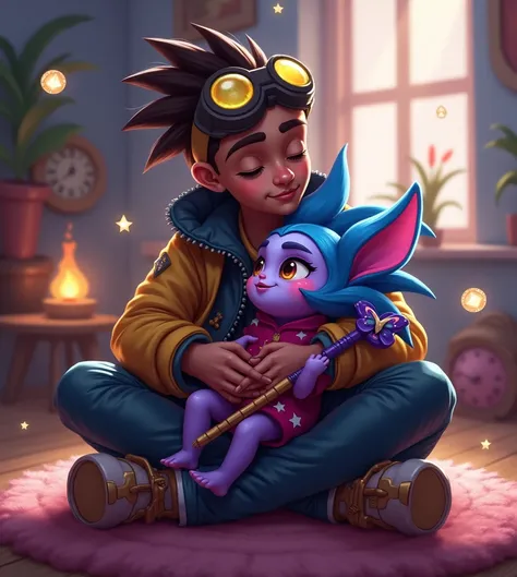 "Create a cozy, heartwarming scene featuring Ekko and Lulu from League of Legends in an intimate, peaceful moment. Ekko, the time-manipulating young inventor, should be depicted with his signature goggles, a confident yet gentle expression, and his futuris...