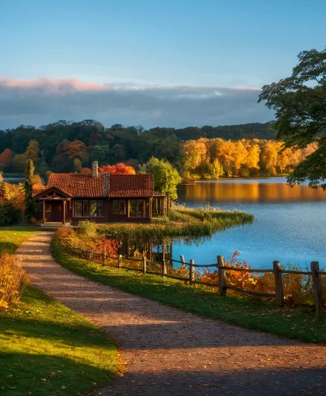 a beautiful house by a lake, detailed architecture, overgrown nature, reflections on water, warm lighting, autumn colors, cinematic camera angle, photorealistic, highly detailed, 8k, masterpiece, vibrant colors, dramatic lighting, moody atmosphere, lush fo...