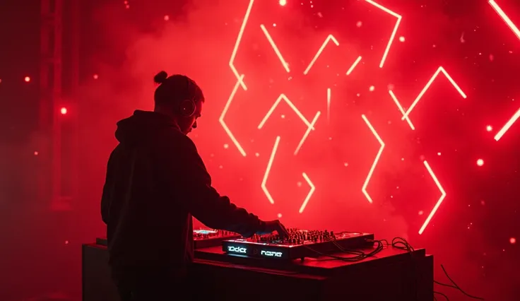 A vibrant landscape of electronic music, portraying the Mystery of Lost Sound. Intense tones of red and black dominate the scene, with pulsating sound waves piercing the air. A futuristic DJ operates a soundboard lit by red neon lights, while geometric pat...