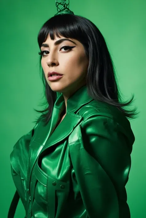 a photo  from Lady Gaga with black hair with bangs with latex green suit in a green studio 