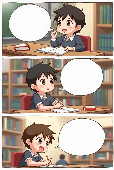 Create a comic strip with 3 comics ,  in which each comic there is a different boy speaking, They are studying , happy,  but the speech bubbles are blank 