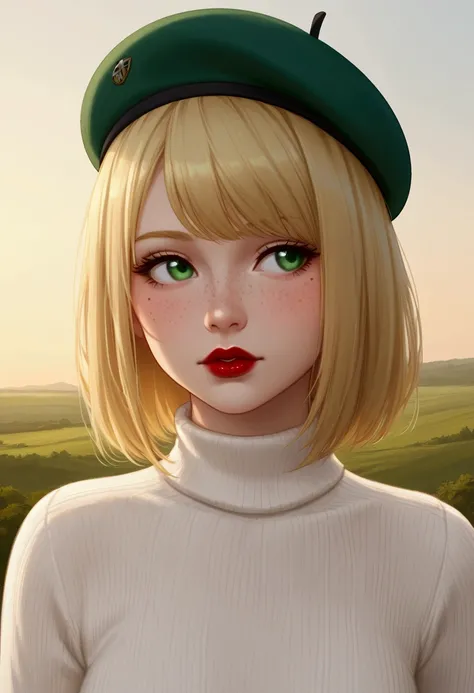 An effeminate boy with freckles on his face , green eyes, red lips and short split black and blonde hair, wearing a white sweater with beige and white French beret . The boy is looking to the side , admiring the horizon . Scenery in green colors Nature.