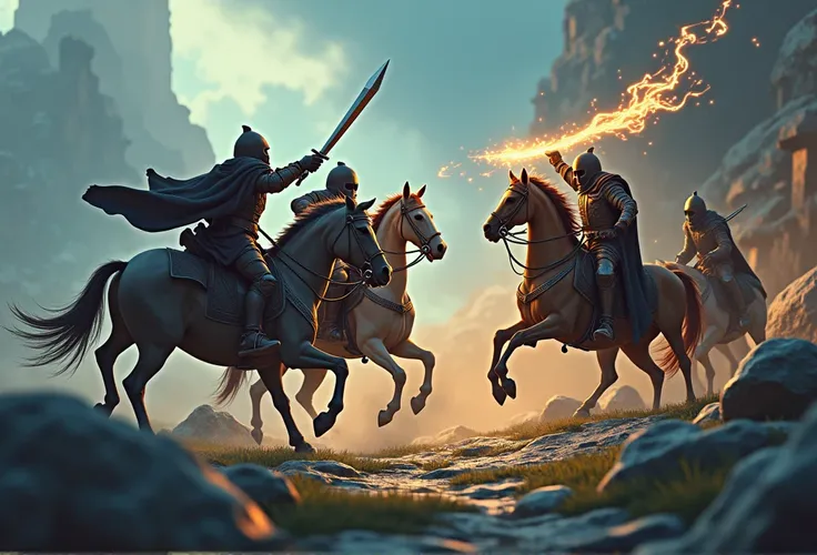  Horseman and an archer fighting a wizard with a magic scepter and knights with a black hoodie behind him, isometric, Miniature, change of inclination , Shades of fantasy model 