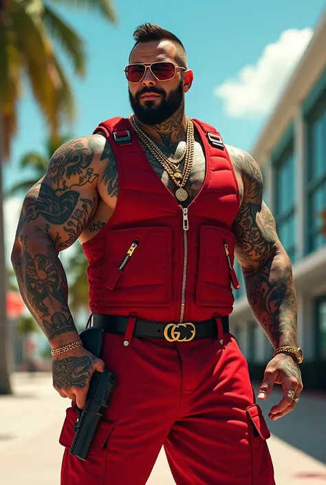 Mixed muscular man, tattooed up, red bulletproof vest, jewelry, wedding ring, red gucci outfit, red gucci hi top shoes, shades, pistol in holster on his side, Miami Florida 