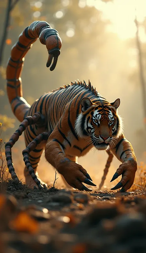 " An impressive hybrid creature , uniting a scorpion and a tiger ,  with realistic proportions and impressive details .  The muscular and striped body The shape of a tiger merges harmoniously with the curved tail and Sharp of a Scorpion,  whose front legs ...