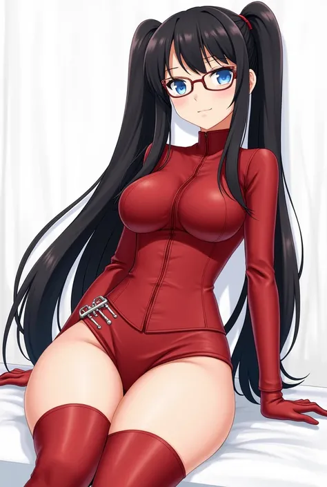  1 girl,  high definition , blue eyes,  black hair,  twin tails,  high definition , Long Hair,  Big Breasts , red leather suit , miniskirt that snaps around the knee, tight skirt, red thigh-high boots,White Pants,  bite pants ,Leg spread, high definition ,...