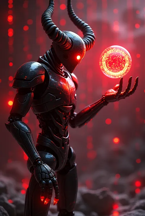 A horned cyclops robot with one glowing red eye and glowing red eldritch symbols etched into its metallic body, floating in mid-universe. It has five fingers on each hand and is posed epically, reaching for a glowing red arcane polygon. The scene features ...