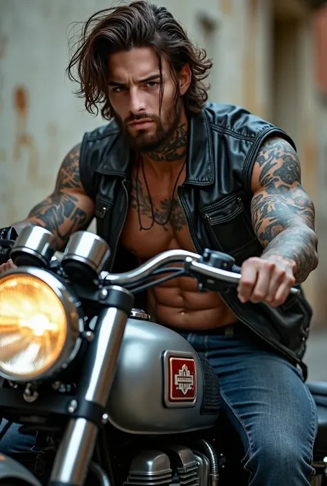 Create an image of a guy who is around 21 years old, Muscular, bearded,  with long hair, tattooed,   leather jacket, em uma moto Royal Enfield classic 350 cor cromada.
  looking down  .