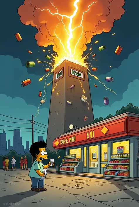 Illustrate Apu Nahasapeemapetilon as The Tower Tarot Card, symbolizing sudden upheaval and the shattering of stability. The scene features the Kwik-E-Mart, partially destroyed as it is struck by a dramatic bolt of lightning from a stormy sky. Flames and sm...