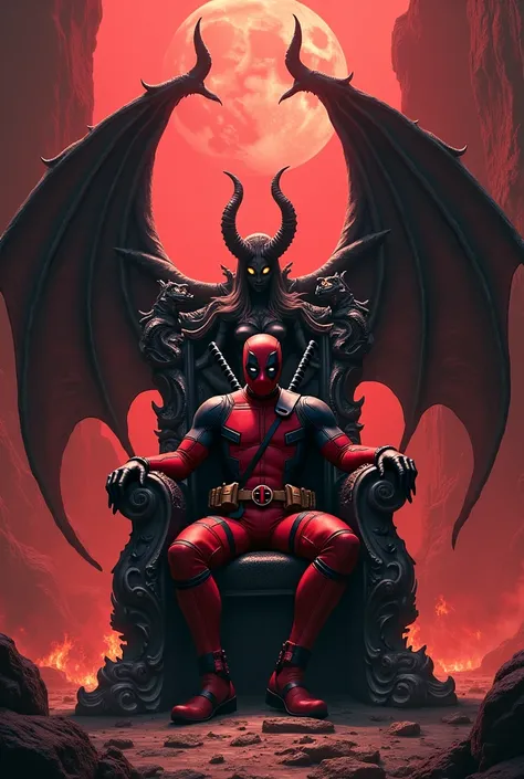 Deadpool rois de enfer avec la queen démoniaque sur le trone 
