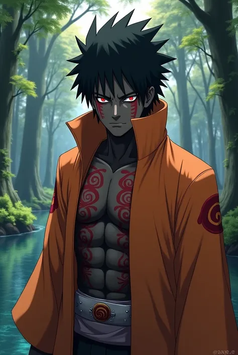 Create A male character anime naruto shippuden-style with an imposing and muscular appearance, dark skin, voluminous and messy black hair, red glowing markings on his body, and bright red eyes. He is looking confused at the camera, wearing a detailed orang...