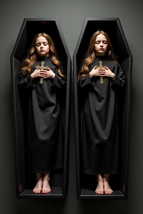 Dead two  very young   girls eyes closed mouth closed very long hair hands folded on chest holding  crucifix dressed in satin black shrouds barefoot lying in satin caskets side by side in funeral home full  view photorealistic