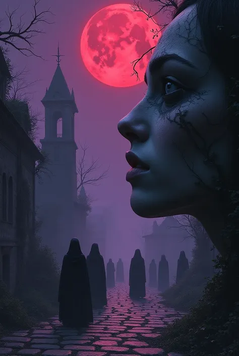 " The picture should include a dark and mysterious background ， like a blood-red moon hanging high in the night sky ， with light purple fog all around 。Camera cuts a close-up view of a person ， showing specific information on the face， and intricate stone ...