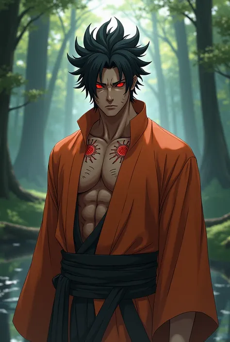 Create male character Naruto Shippuden-style with an imposing and muscular appearance, medium brown skin, voluminous and messy black hair, red glowing markings on his body, and bright red eyes. He is looking confused at the camera, wearing a detailed orang...