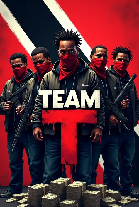 Write Team T on Trinidad flag background and Add a taste Of GTA role play with guns and money. Make sure Team T and Trinidad flag background is clear and add gangsters standing with red bandanas and Red bandana masks. Make sure the men have different afro ...