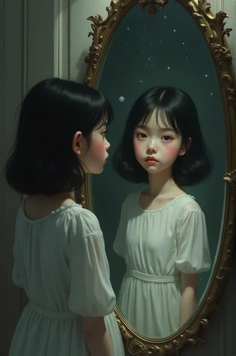 The picture is of a young girl in the mirror and in the reflection of her glass a different version of herself