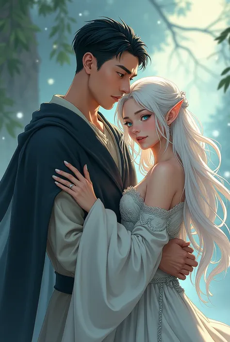 Make the appearance of a black-eyed black-haired ordinary man and a beautiful white-haired blue eyed elf is being held by the man. Use anime style  