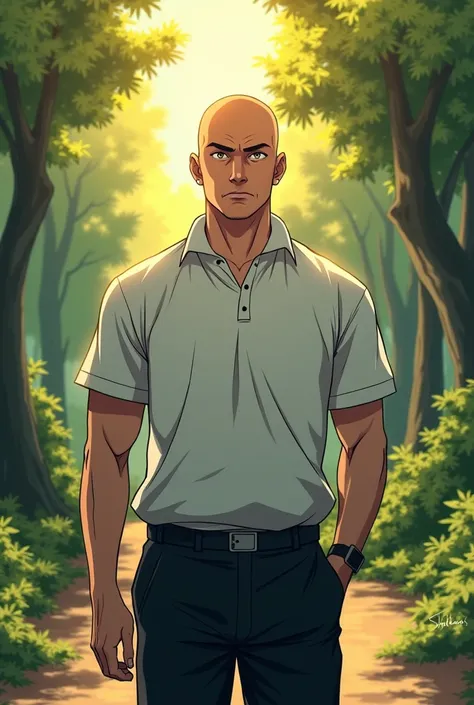  energy a 39 year old strong bald man , with sportswear white shirt and black pants, wood-colored eyes ,  surrounded by ki , found in a forest towards the city y el amanecer al fondo.  anime-like drawing Masakatsu Katsura  