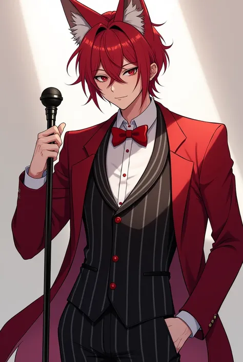  anime character :
Name: Nami Kansho
Gender : Male
Appearance:  Short red hair up to his neck ,  bright red eyes , white pele, defined body, high, fox ears.  He wears a red coat ,  black suit with gray stripes and red details,  red bow tie and microphone c...