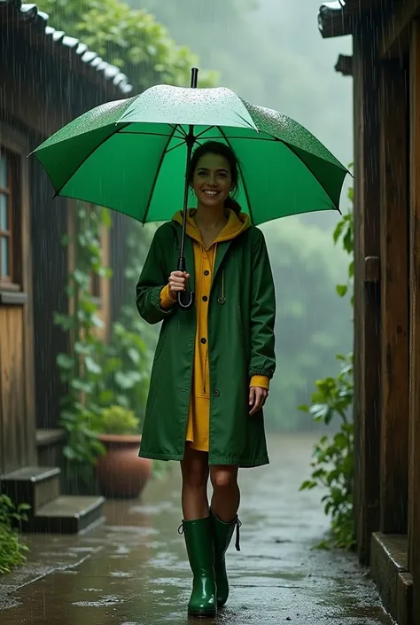 The lady is dressed in a bright green raincoat and boots, standing under a large umbrella at the entrance of a rustic village house, smiling as the monsoon rains pour down around her in the early afternoon.