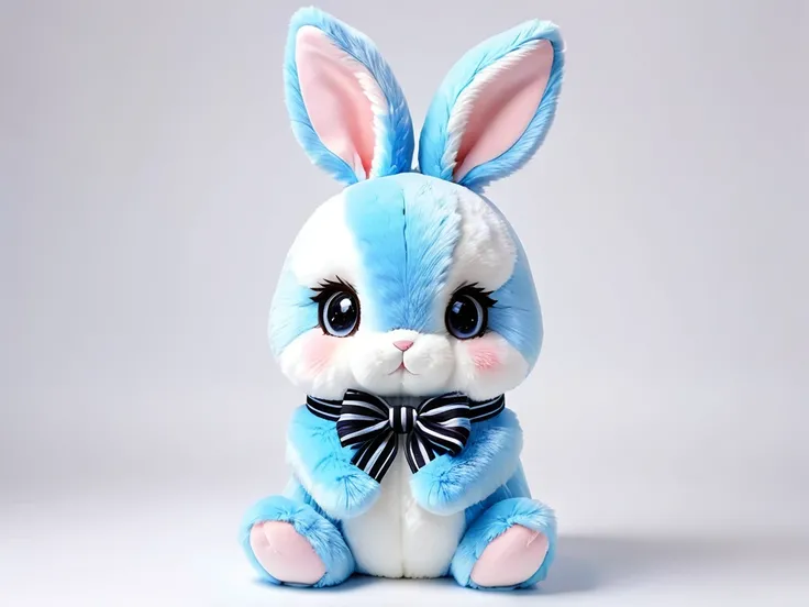 (Masterpiece, detailed, delicate, highest quality)  stuffed rabbit with light blue as the theme color 。anime、 with cute black eyes and thick fur 、 with a striped ribbon tied around the neck、Mr.々 posing 。Individual images 。 has a white background。