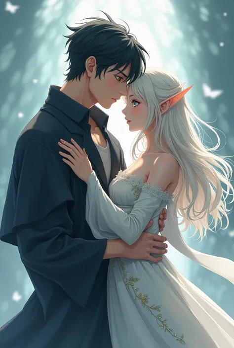 Make the appearance of a black-eyed black-haired ordinary man and a beautiful white-haired blue eyed elf is being held by the man. Use anime style  