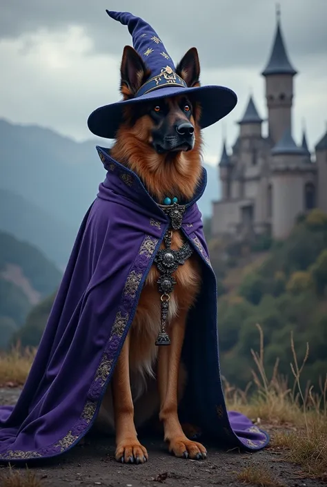 A German shepherd dressed as a sorcerer in medieval times 