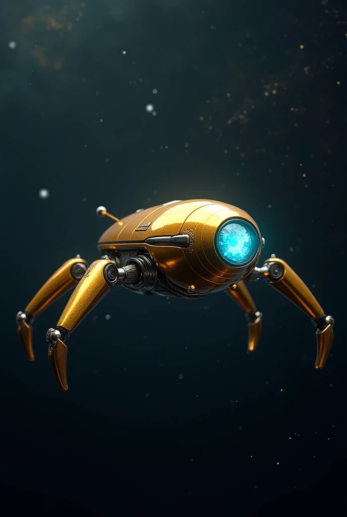 Golden floating space robot with two arms with 4 fingers for each arm with a crystallized blue eye