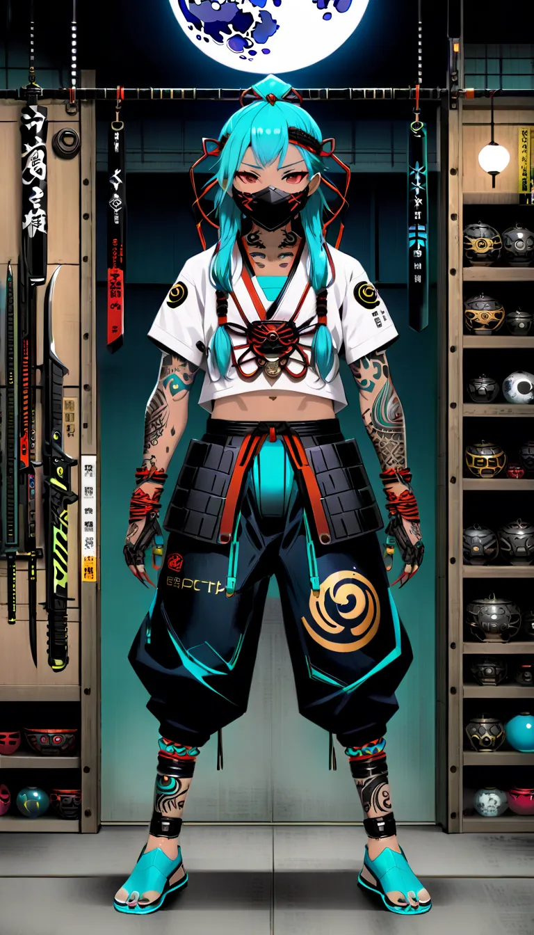 style of anime, sci-fy ,japanese assassin lord , latex , tobey pants, mouth mask, leg tattoos, tattooed with,aqua hair, braided ...